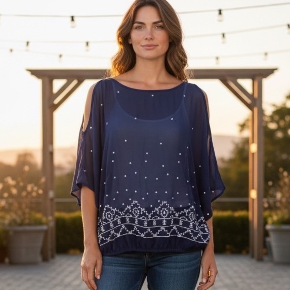 IN San Francisco Navy Blue Cold Shoulder Embroidered Sheer Boho Blouse Small‎